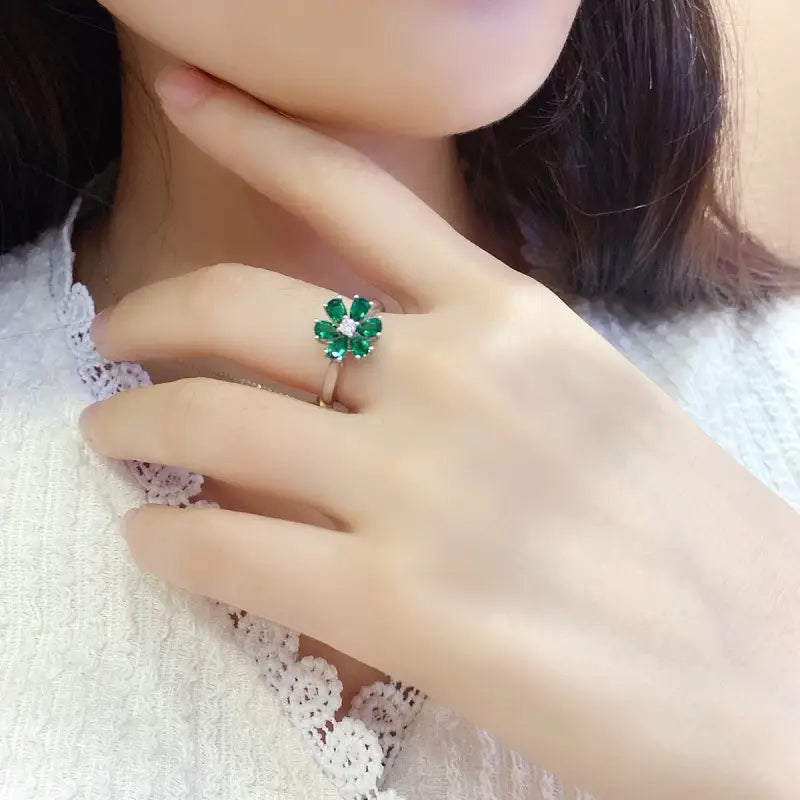 Daisy Pear Cut Lab Emerald Engagement Ring - Engagement Ring