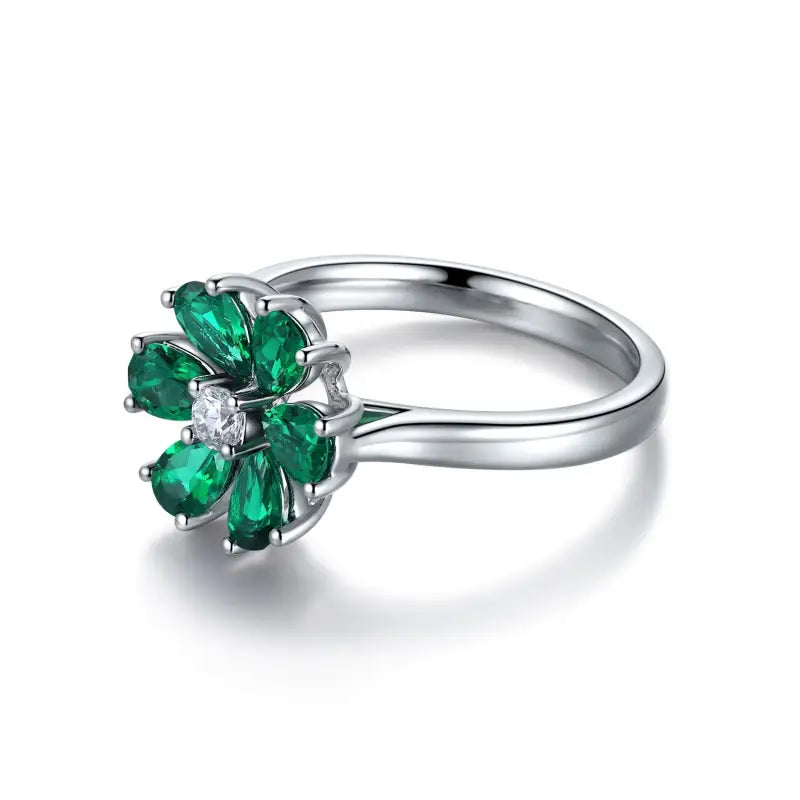 Daisy Pear Cut Lab Emerald Engagement Ring - Engagement Ring