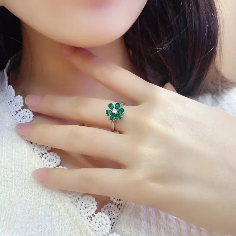 Daisy Pear Cut Lab Emerald Engagement Ring - Engagement Ring