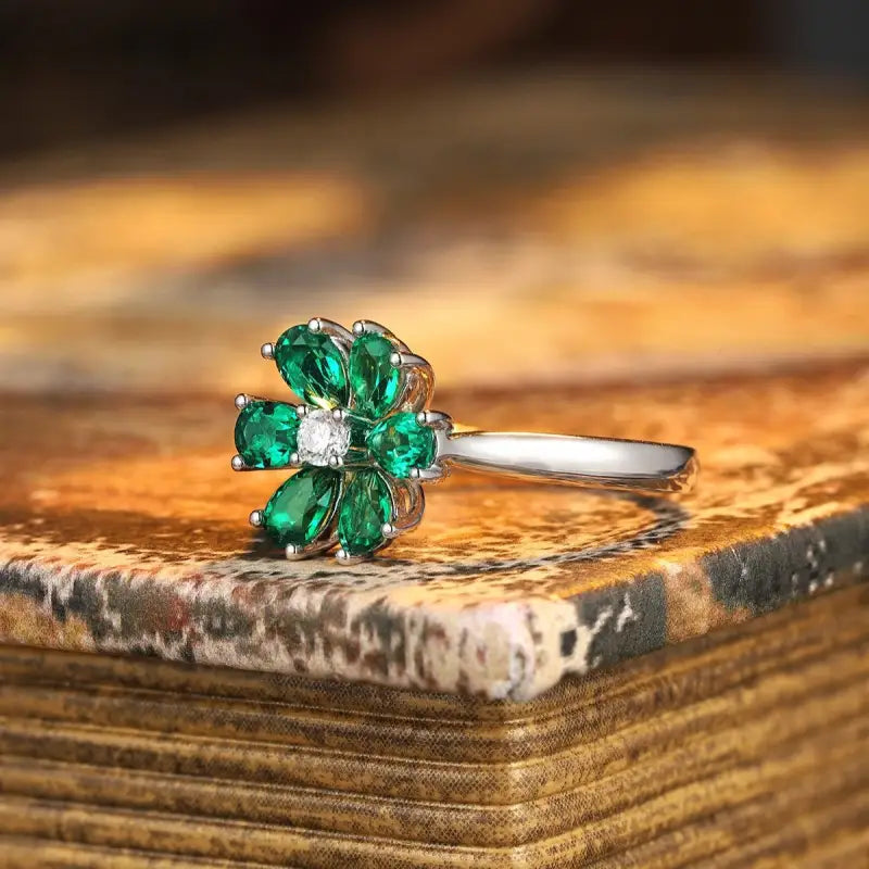 Daisy Pear Cut Lab Emerald Engagement Ring - Engagement Ring