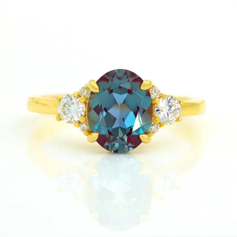 Discoloring Oval Cut Lab Alexandrite Three Stone Engagement Ring - Engagement Ring