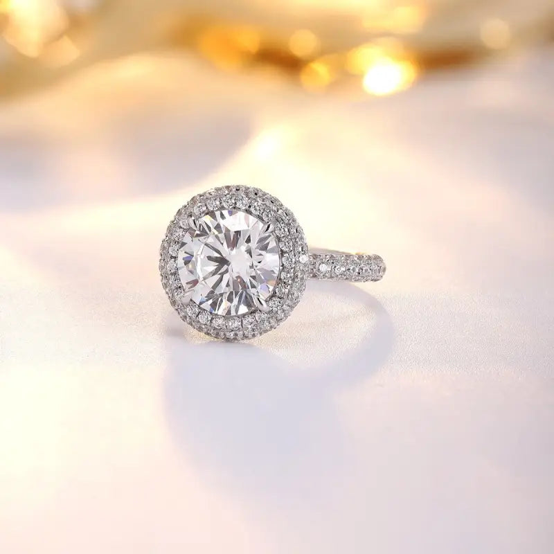 Double Halo 4 Ct Round Cut Moissanite Half Pave Engagement Ring - Engagement Ring