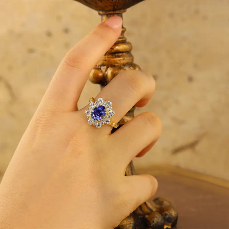 Elegant Double Halo Oval Cut Lab Blue Sapphire Engagement Ring - Engagement Ring