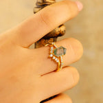 Load image into Gallery viewer, Elongated Hexagon Moss Agate Bridal Ring Set - 2pcs - Wedding Ring
