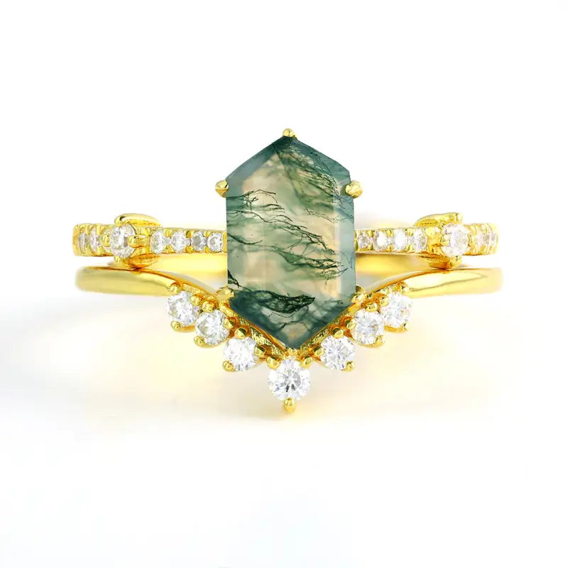 Elongated Hexagon Moss Agate Bridal Ring Set - 2pcs - Wedding Ring