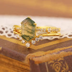 Load image into Gallery viewer, Elongated Hexagon Moss Agate Bridal Ring Set - 2pcs - Wedding Ring
