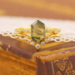 Load image into Gallery viewer, Elongated Hexagon Moss Agate Bridal Ring Set - 2pcs - Wedding Ring
