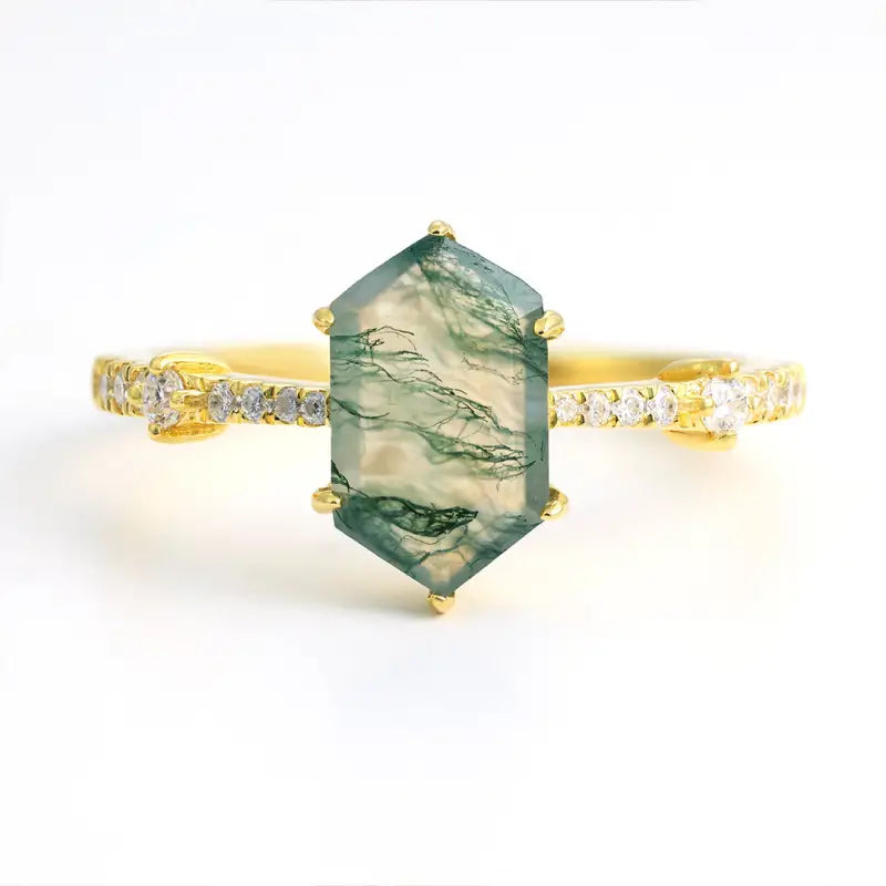 Elongated Hexagon Moss Agate Solitaire Engagement Ring - Engagement Ring