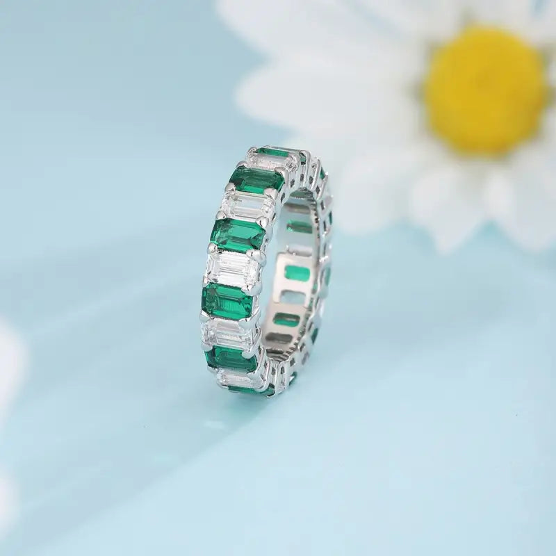 Emerald Cut Lab Emerald Alternating Eternity Band - Wedding Ring