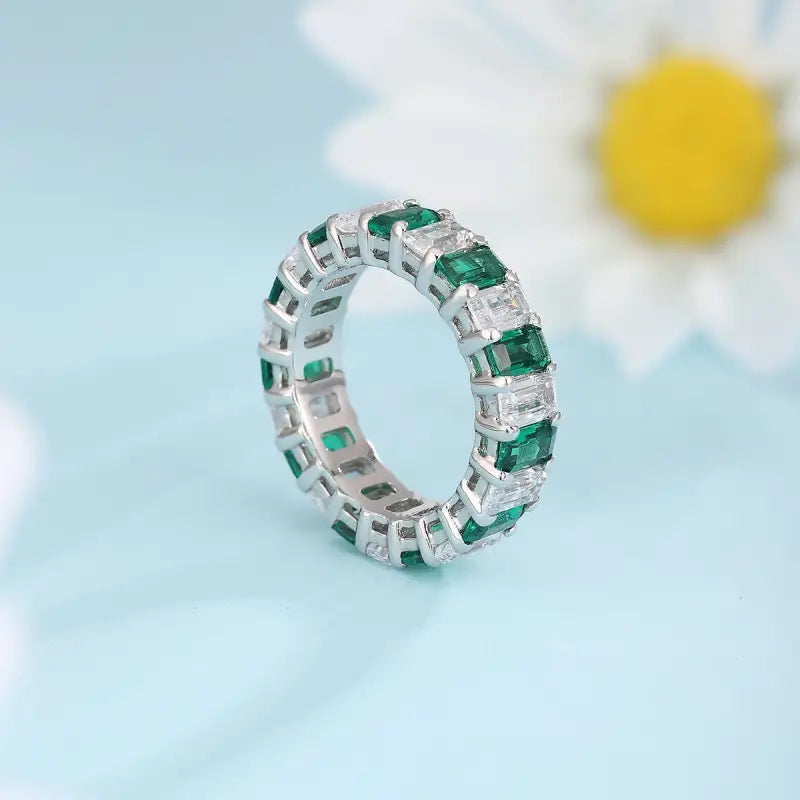 Emerald Cut Lab Emerald Alternating Eternity Band - Wedding Ring