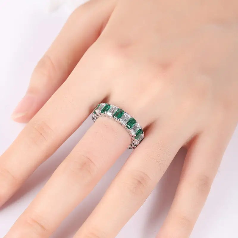 Emerald Cut Lab Emerald Alternating Eternity Band - Wedding Ring