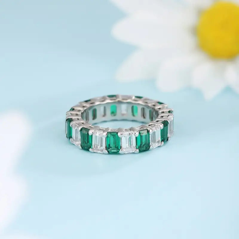 Emerald Cut Lab Emerald Alternating Eternity Band - Wedding Ring