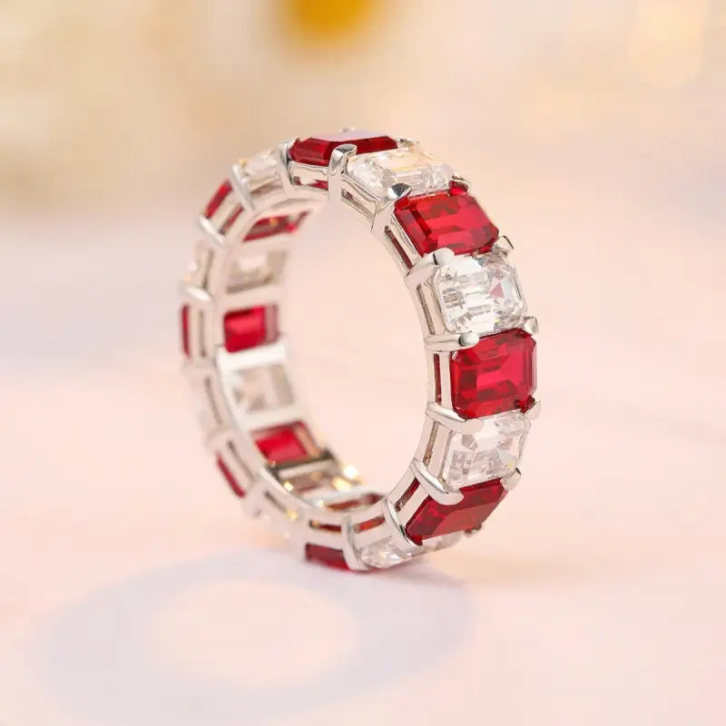 Emerald Cut Pigeon Blood Lab Ruby Alternating Eternity Band - Wedding Ring