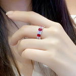 Load image into Gallery viewer, Emerald Cut Pigeon Blood Lab Ruby Alternating Eternity Band - Wedding Ring
