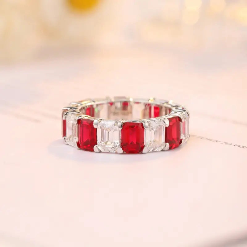 Emerald Cut Pigeon Blood Lab Ruby Alternating Eternity Band - Wedding Ring