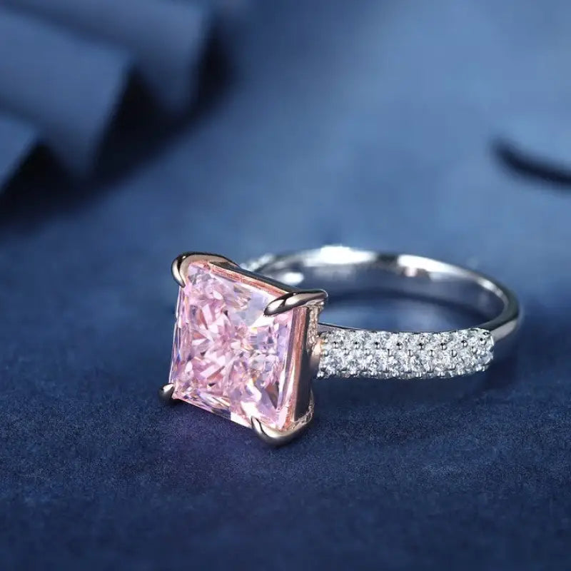 Fancy Vivid Pink 4 Ct Princess Cut Lab Diamond Half Luxury Pave Engagement Ring (Setting Price Only) - Engagement Ring