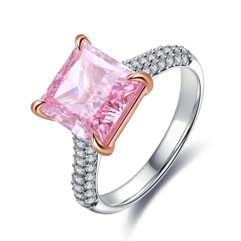 Fancy Vivid Pink 4 Ct Princess Cut Lab Diamond Half Luxury Pave Engagement Ring (Setting Price Only) - Engagement Ring