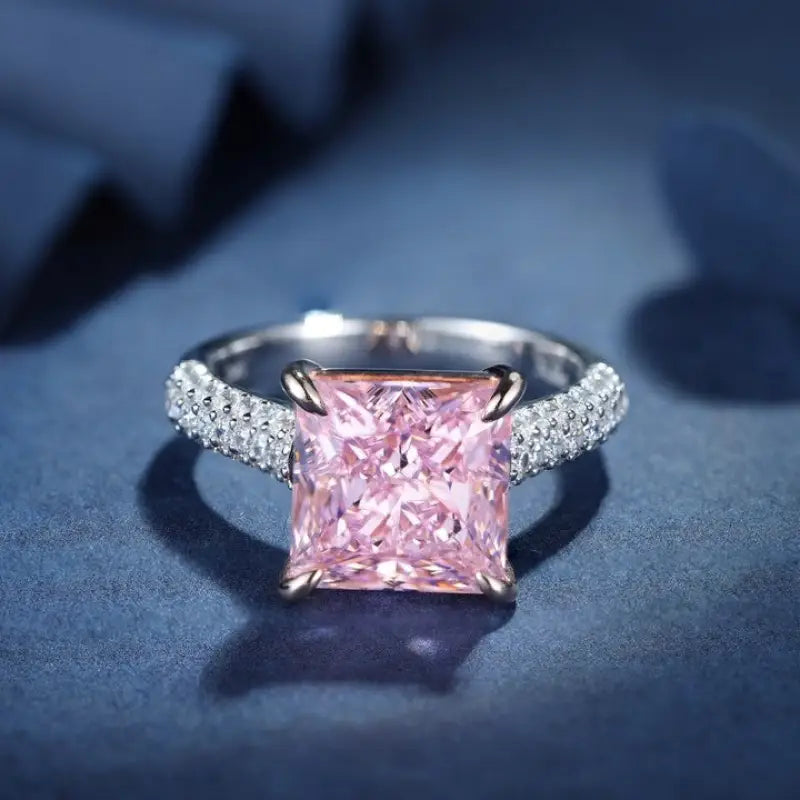 Fancy Vivid Pink 4 Ct Princess Cut Lab Diamond Half Luxury Pave Engagement Ring (Setting Price Only) - Engagement Ring