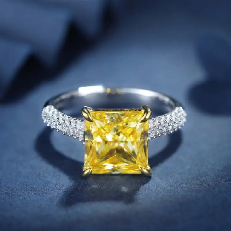 Fancy Vivid Yellow 4 Ct Princess Cut Lab Diamond Half Luxury Pave Engagement Ring (Setting Price Only) - Engagement Ring