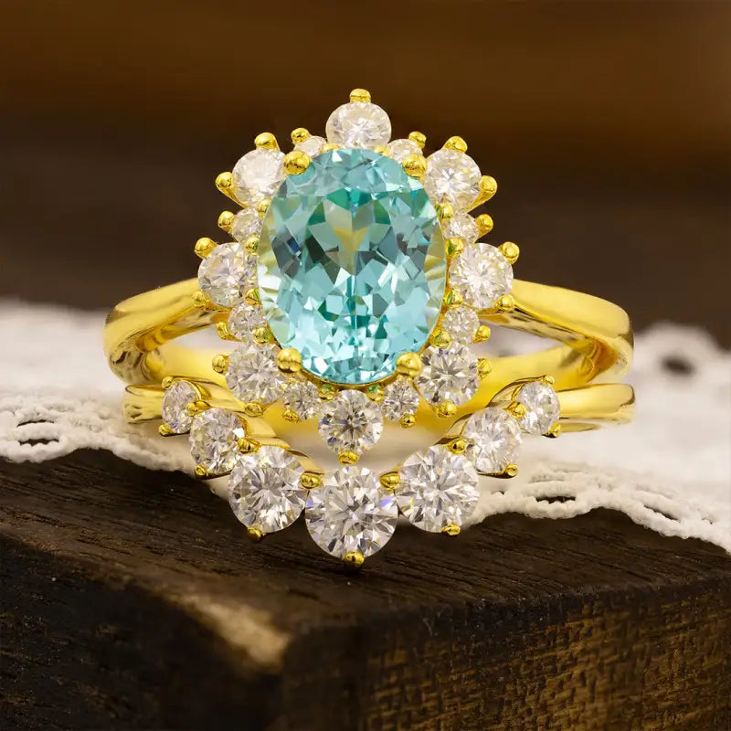 Floral Cluster 2 Ct Oval Lab Paraiba Bridal Ring Set - 2pcs - Wedding Ring