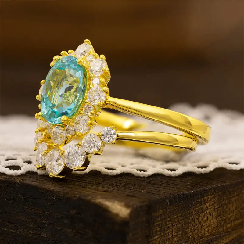 Floral Cluster 2 Ct Oval Lab Paraiba Bridal Ring Set - 2pcs - Wedding Ring