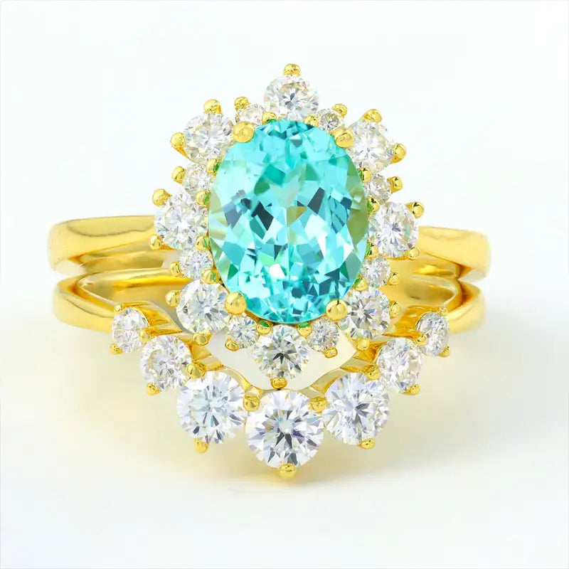 Floral Cluster 2 Ct Oval Lab Paraiba Bridal Ring Set - 2pcs - Wedding Ring