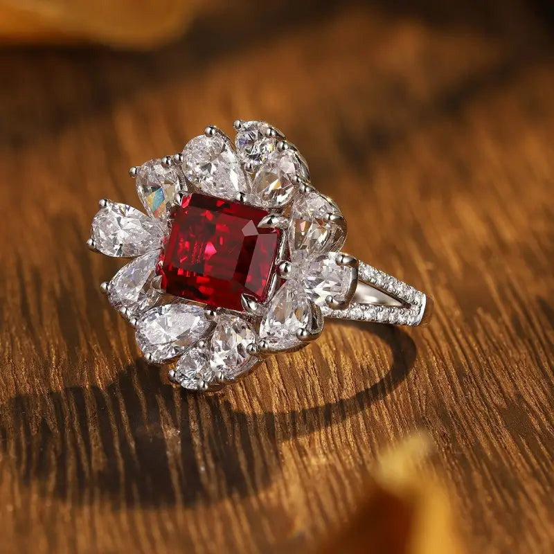 Ornate diamond ring featuring a square-cut ruby center stone surrounded by pear-shaped diamonds.