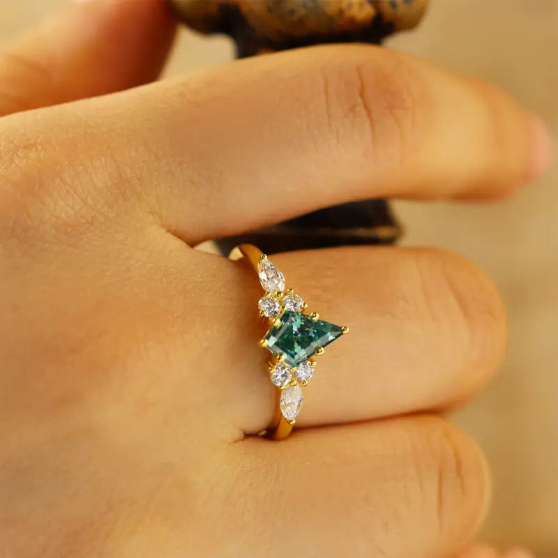 Kite Cut Green Moissanite Cluster Engagement Ring - Engagement Ring