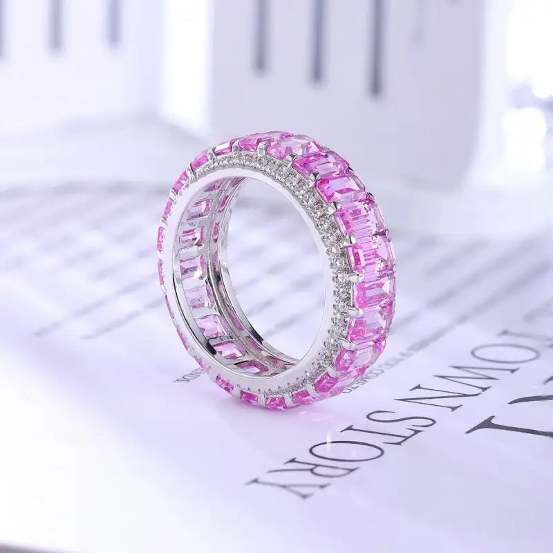 Lovely Emerald Cut Pink Sapphire Eternity Band - Wedding Ring