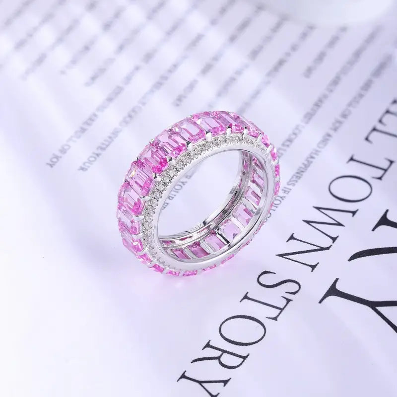 Lovely Emerald Cut Pink Sapphire Eternity Band - Wedding Ring