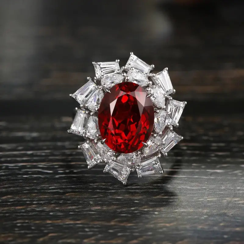 Ornate ring featuring a vibrant red gemstone surrounded by clear diamonds.