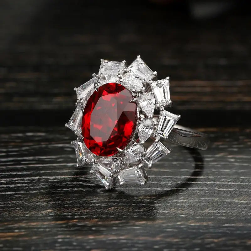 Ornate ring featuring a vibrant red gemstone surrounded by clear diamonds.