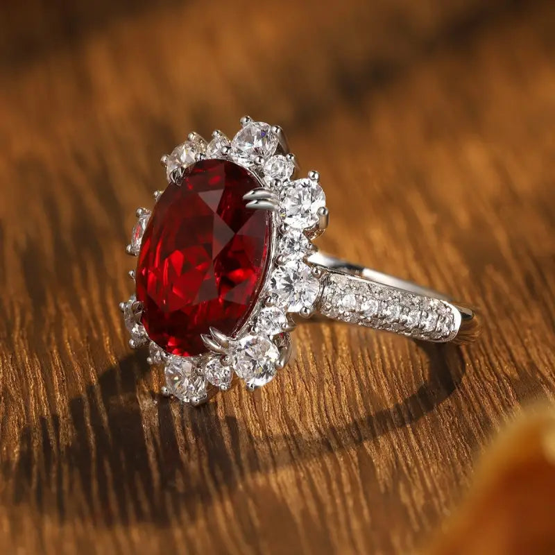 Luxury 7.56 Ct Lab Ruby Cluster Half Pave Engagement Ring - Engagement Ring