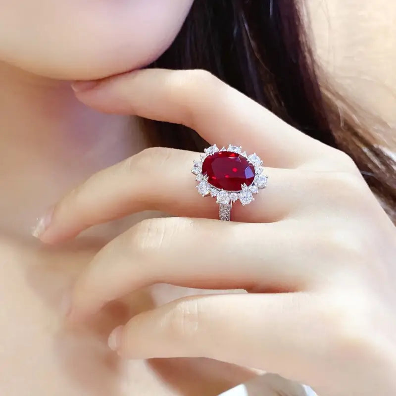 Luxury 7.56 Ct Lab Ruby Cluster Half Pave Engagement Ring - Engagement Ring