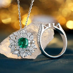 Load image into Gallery viewer, Emerald and diamond pendant necklace with matching ring.
