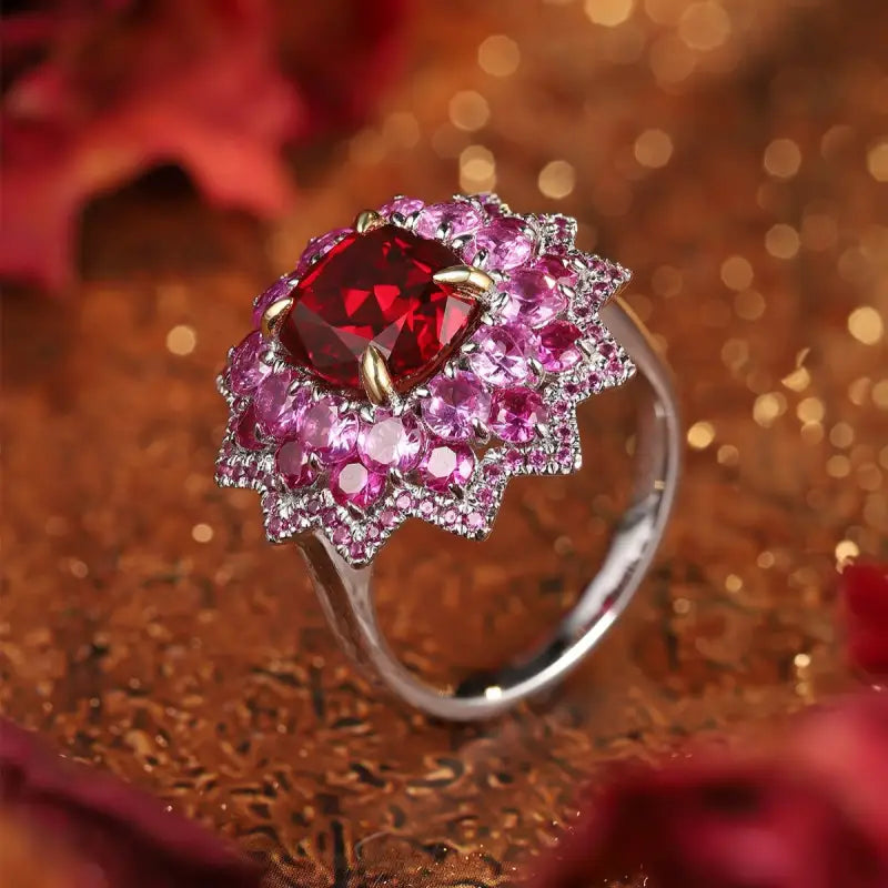 Ornate silver ring featuring a deep red center stone surrounded by pink gemstones in a floral design.