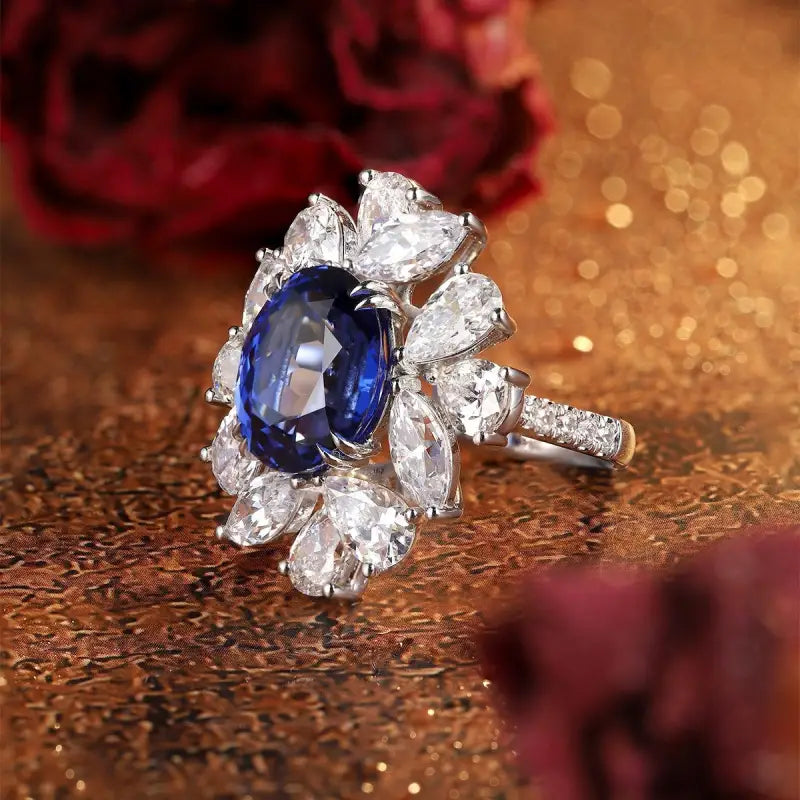 Luxury Marquise & Pear Cluster 8.4 Ct Lab Blue Sapphire Engagement Ring - Engagement Ring