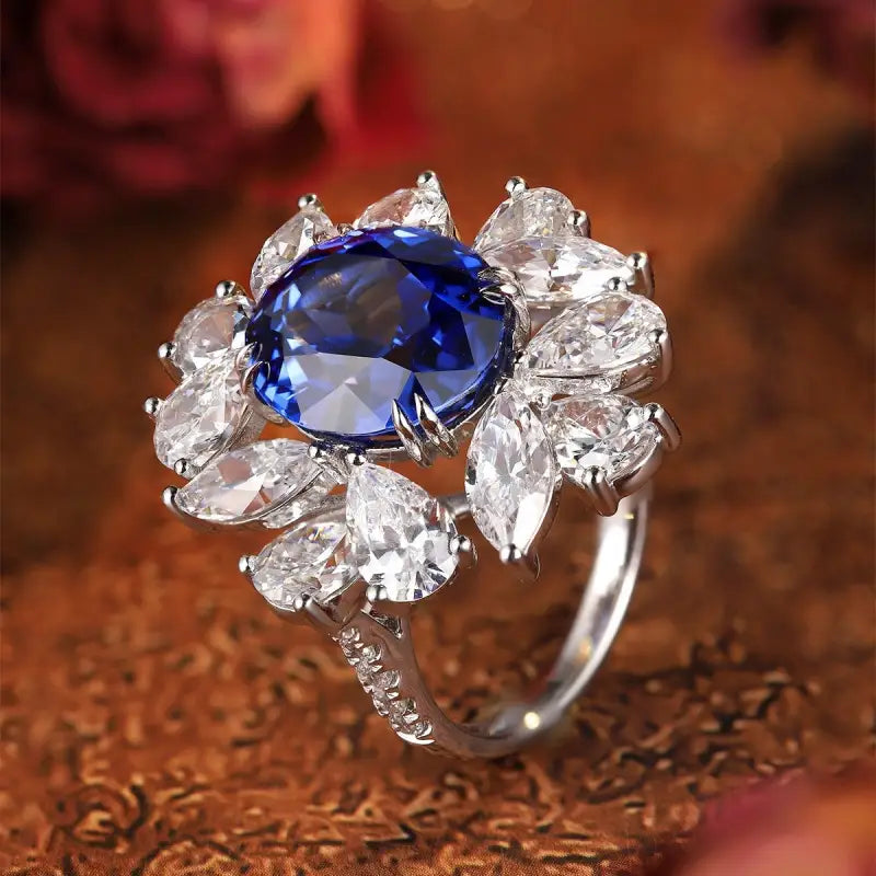 Luxury Marquise & Pear Cluster 8.4 Ct Lab Blue Sapphire Engagement Ring - Engagement Ring