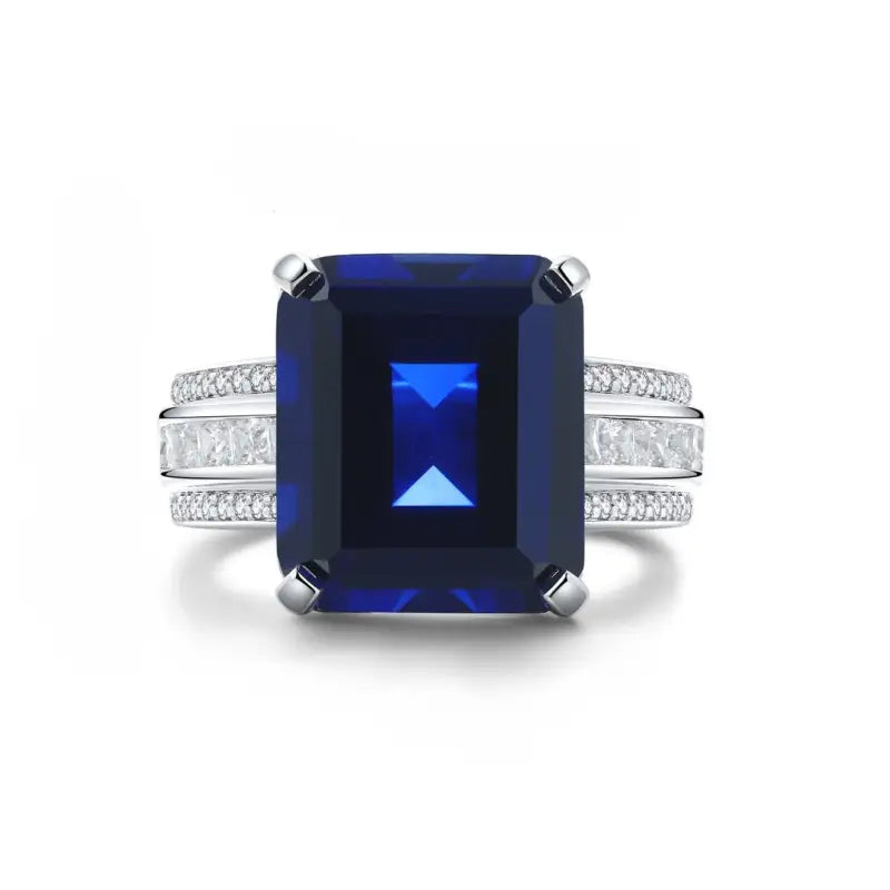 Luxury Triple Split Shank 13 Ct Emerald Cut Lab Blue Sapphire Engagement Ring - Engagement Ring