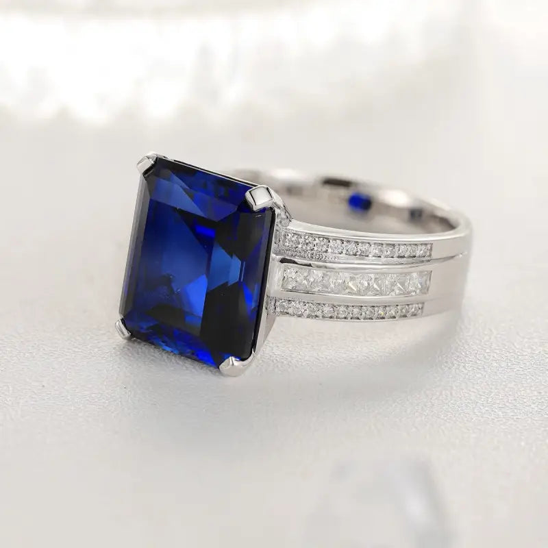 Luxury Triple Split Shank 13 Ct Emerald Cut Lab Blue Sapphire Engagement Ring - Engagement Ring