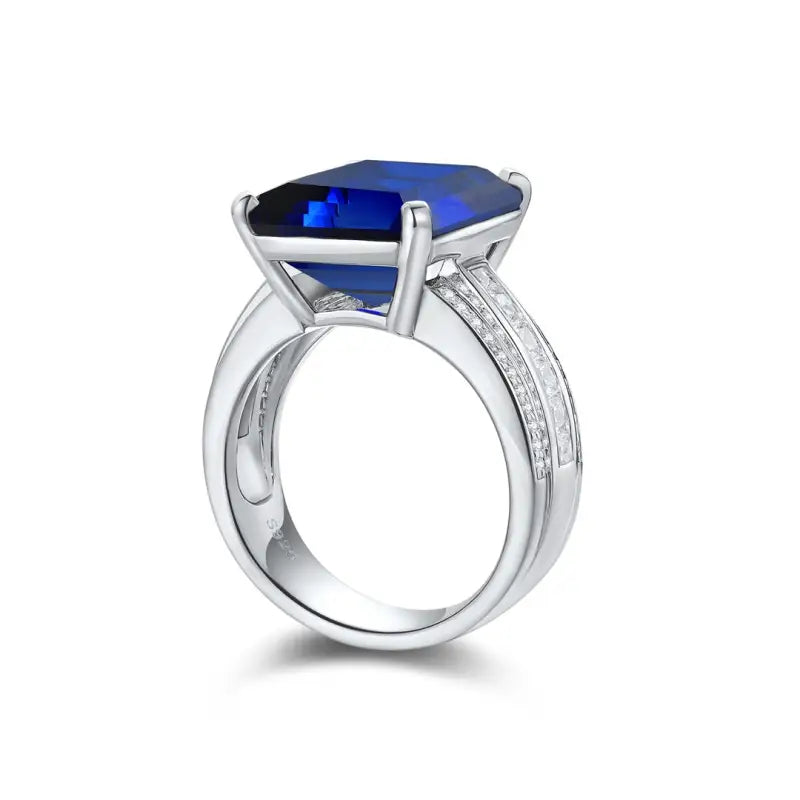 Luxury Triple Split Shank 13 Ct Emerald Cut Lab Blue Sapphire Engagement Ring - Engagement Ring