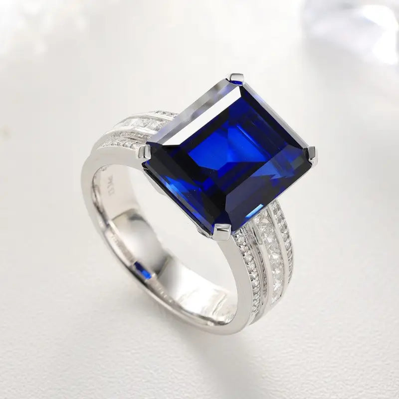 Luxury Triple Split Shank 13 Ct Emerald Cut Lab Blue Sapphire Engagement Ring - Engagement Ring