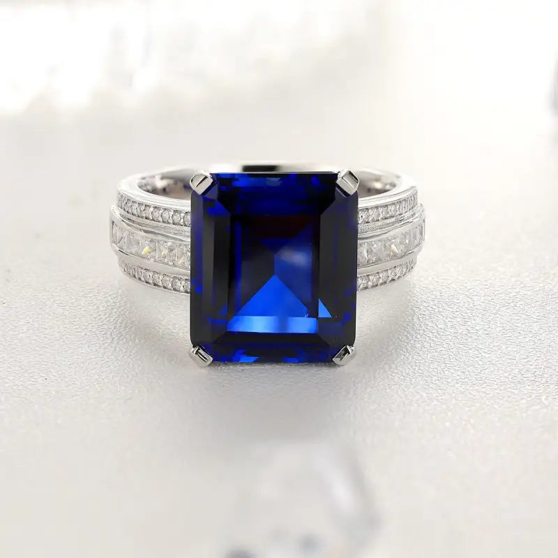 Luxury Triple Split Shank 13 Ct Emerald Cut Lab Blue Sapphire Engagement Ring - Engagement Ring