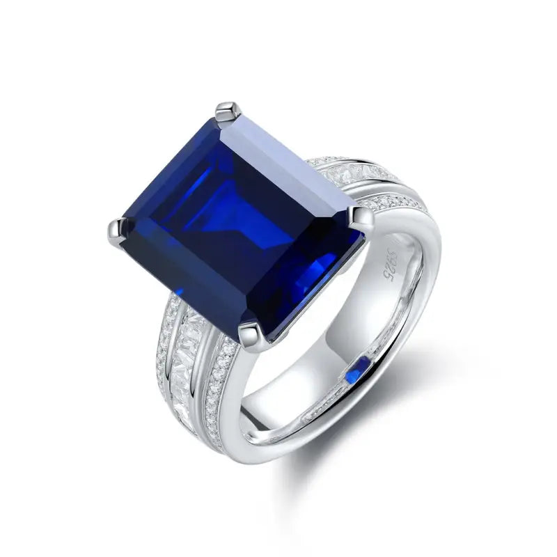 Luxury Triple Split Shank 13 Ct Emerald Cut Lab Blue Sapphire Engagement Ring - Engagement Ring