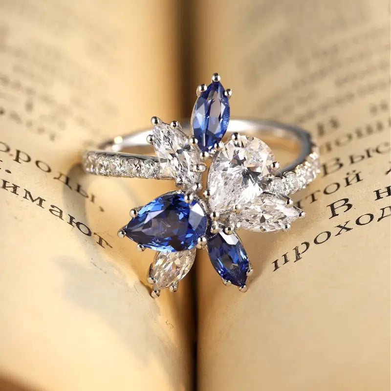 Marquise & Pear Cut Lab Blue Sapphire and Lab Diamond Engagement Ring - Engagement Ring