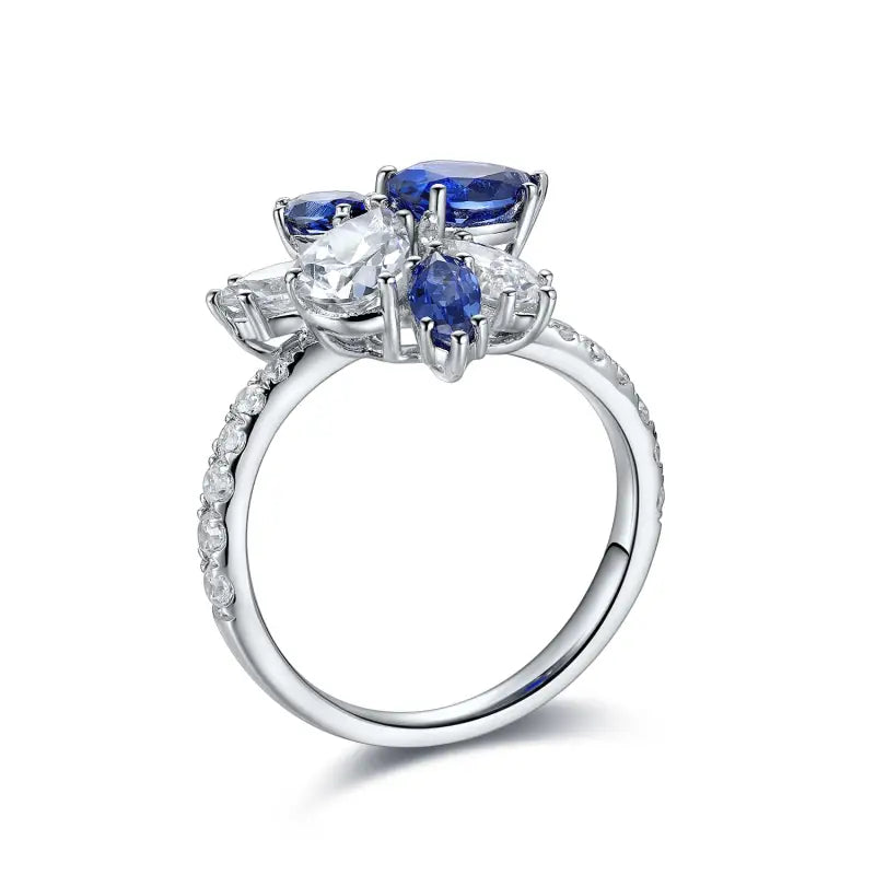 Marquise & Pear Cut Lab Blue Sapphire and Lab Diamond Engagement Ring - Engagement Ring