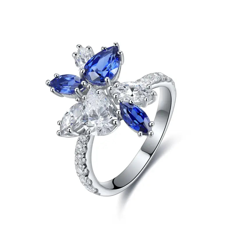 Marquise & Pear Cut Lab Blue Sapphire and Lab Diamond Engagement Ring - Engagement Ring