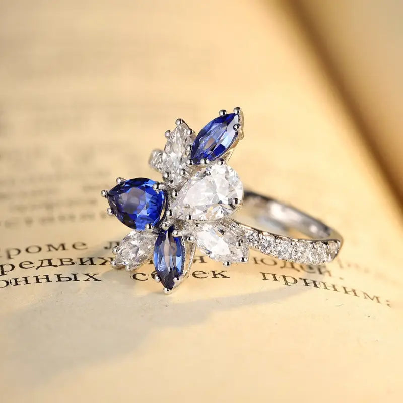 Marquise & Pear Cut Lab Blue Sapphire and Lab Diamond Engagement Ring - Engagement Ring