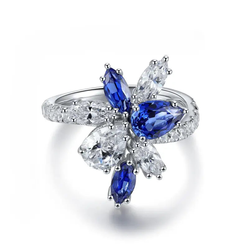 Marquise & Pear Cut Lab Blue Sapphire and Lab Diamond Engagement Ring - Engagement Ring