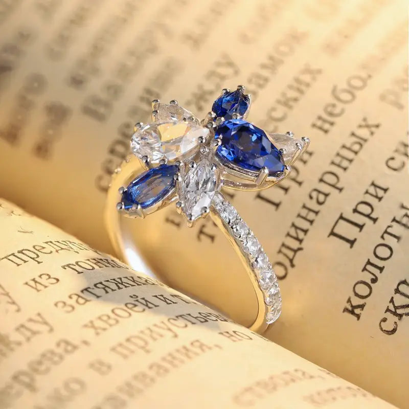 Marquise & Pear Cut Lab Blue Sapphire and Lab Diamond Engagement Ring - Engagement Ring